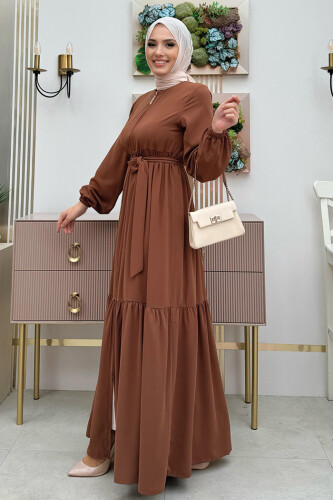 Dubai Fermuarlı Kol Manşetleri Lastikli Fırfırlı Elbise 6001 Taba - 9