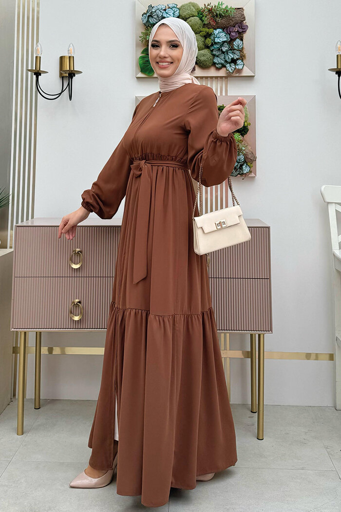 Dubai Fermuarlı Kol Manşetleri Lastikli Fırfırlı Elbise 6001 Taba - 9
