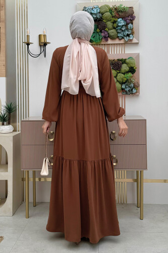 Dubai Fermuarlı Kol Manşetleri Lastikli Fırfırlı Elbise 6001 Taba - 10