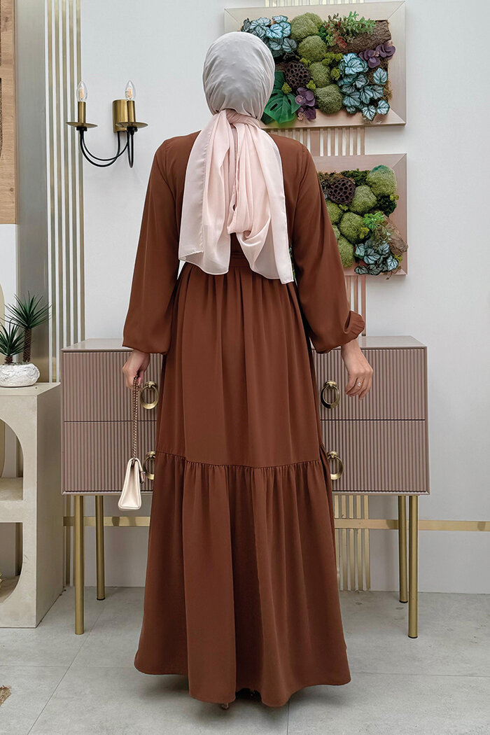 Dubai Fermuarlı Kol Manşetleri Lastikli Fırfırlı Elbise 6001 Taba - 10