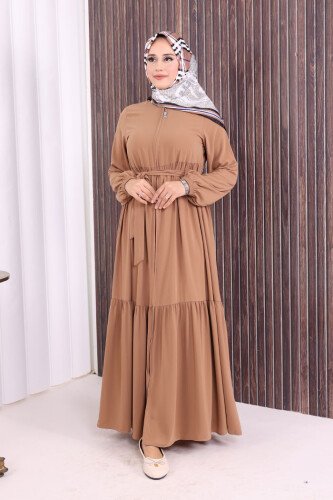 Fermuarlı Kol Manşetleri Lastikli Fırfırlı Elbise 6001 Vizon - Bym Fashion