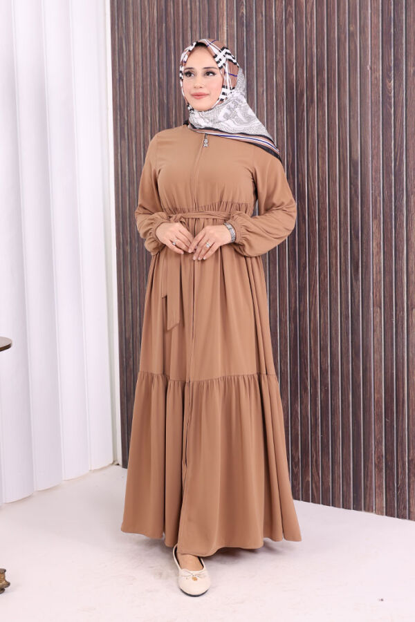 Fermuarlı Kol Manşetleri Lastikli Fırfırlı Elbise 6001 Vizon - 1