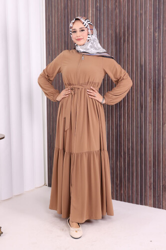 Fermuarlı Kol Manşetleri Lastikli Fırfırlı Elbise 6001 Vizon - 2