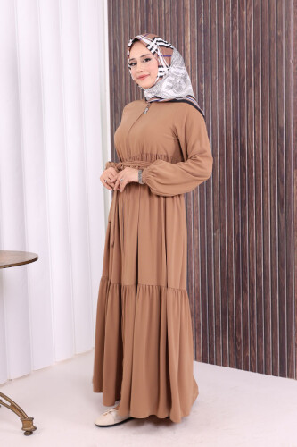 Fermuarlı Kol Manşetleri Lastikli Fırfırlı Elbise 6001 Vizon - 3