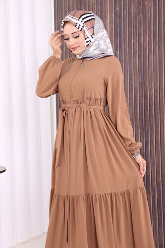 Fermuarlı Kol Manşetleri Lastikli Fırfırlı Elbise 6001 Vizon - 4