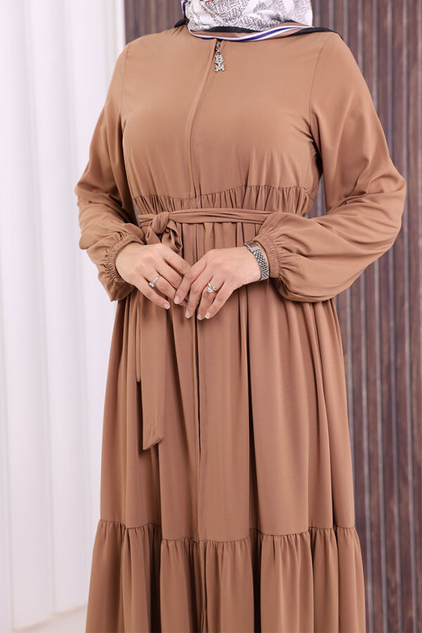 Fermuarlı Kol Manşetleri Lastikli Fırfırlı Elbise 6001 Vizon - 5