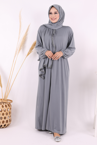 Dantel Detay Şallı Namaz Feracesi 6010 Gri - Bym Fashion