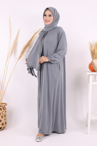 Dantel Detay Şallı Namaz Feracesi 6010 Gri - 2