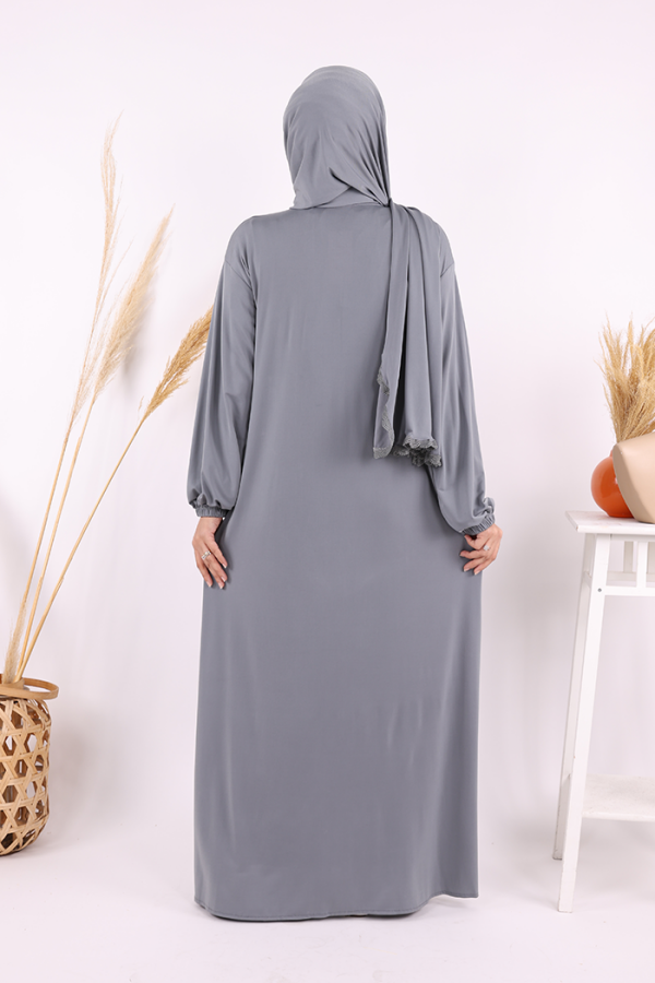 Dantel Detay Şallı Namaz Feracesi 6010 Gri - 3