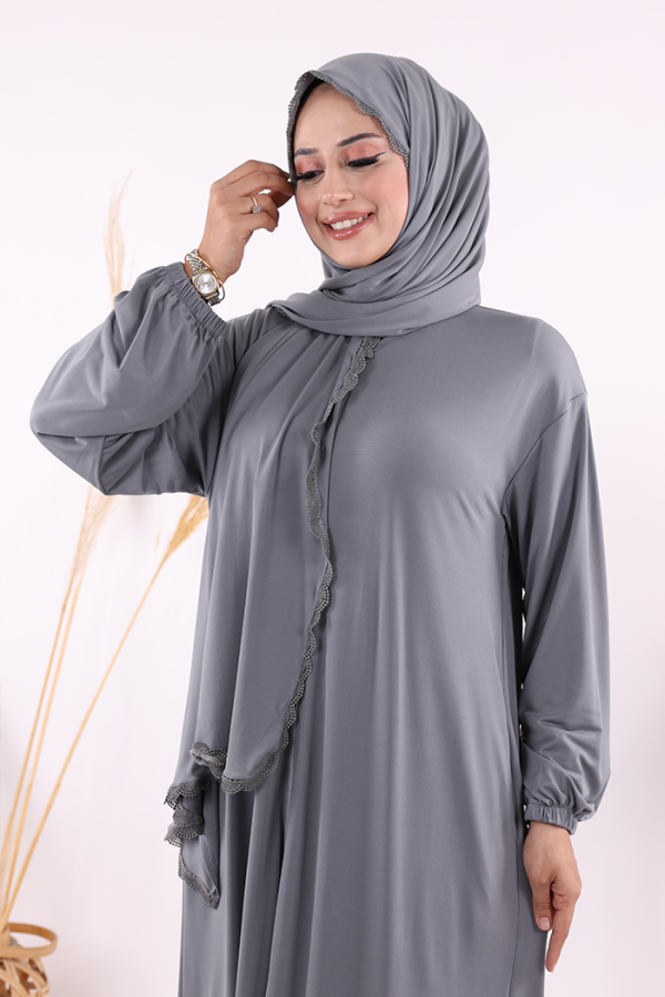 Dantel Detay Şallı Namaz Feracesi 6010 Gri - 4