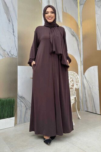 Dantel Detay Şallı Namaz Feracesi 6010 Kahverengi - bym fashion