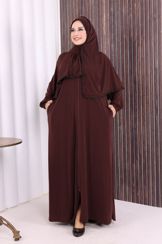 Dantel Detay Şallı Namaz Feracesi 6010 Kahverengi - Bym Fashion