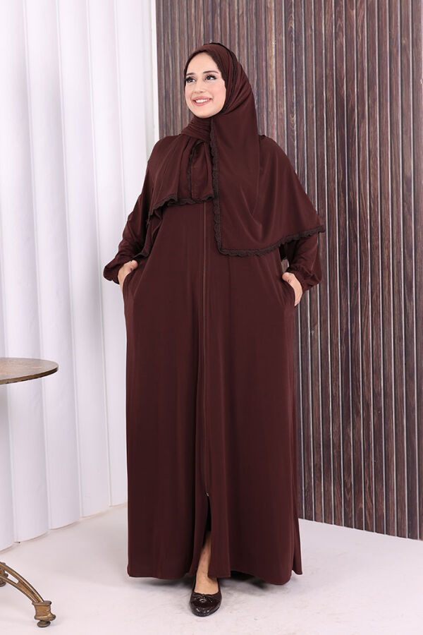 Dantel Detay Şallı Namaz Feracesi 6010 Kahverengi - 1