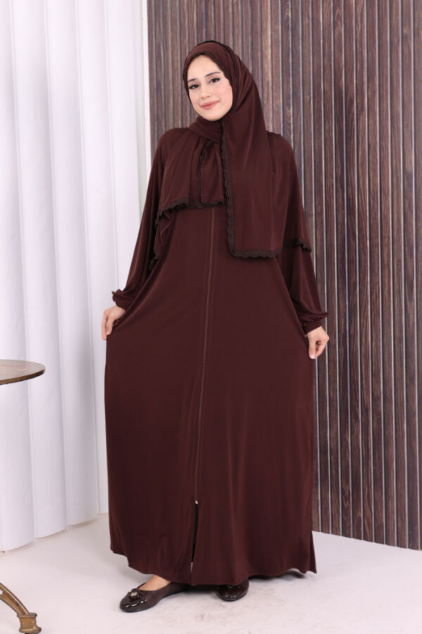 Dantel Detay Şallı Namaz Feracesi 6010 Kahverengi - 2