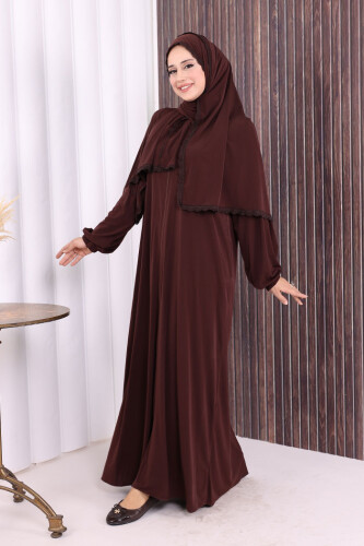Dantel Detay Şallı Namaz Feracesi 6010 Kahverengi - 3