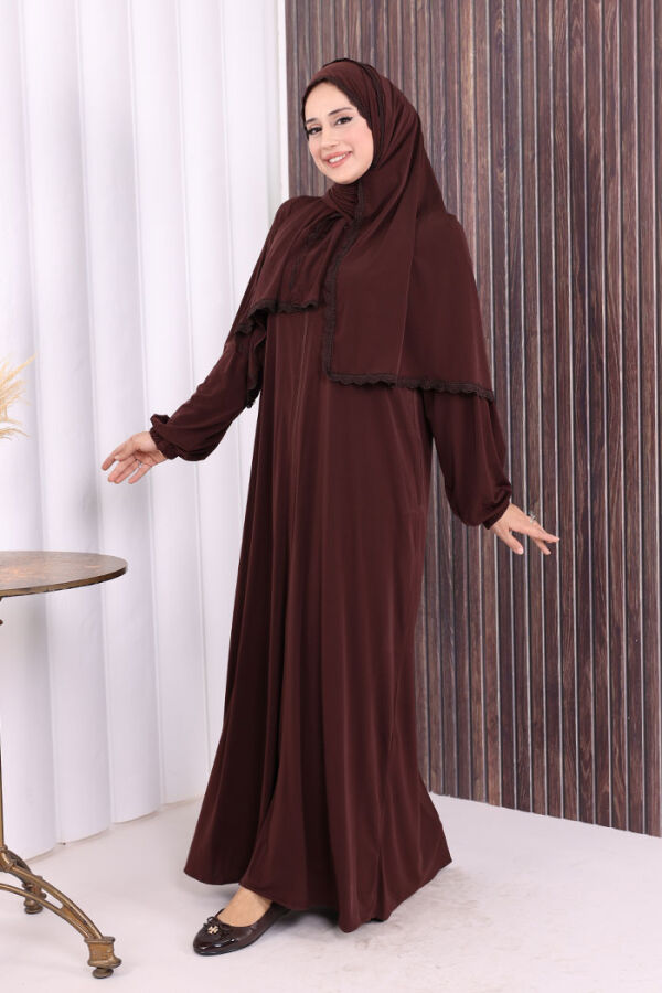 Dantel Detay Şallı Namaz Feracesi 6010 Kahverengi - 3