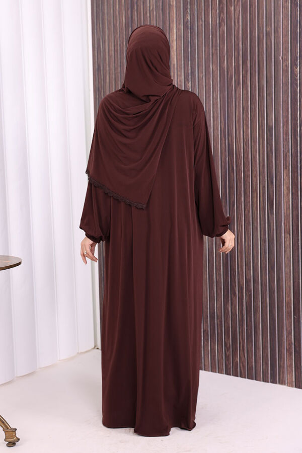 Dantel Detay Şallı Namaz Feracesi 6010 Kahverengi - 4