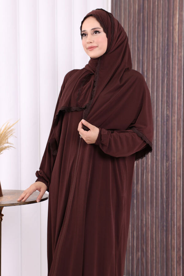 Dantel Detay Şallı Namaz Feracesi 6010 Kahverengi - 5
