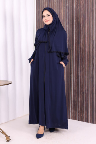 Dantel Detay Şallı Namaz Feracesi 6010 Lacivert - Bym Fashion