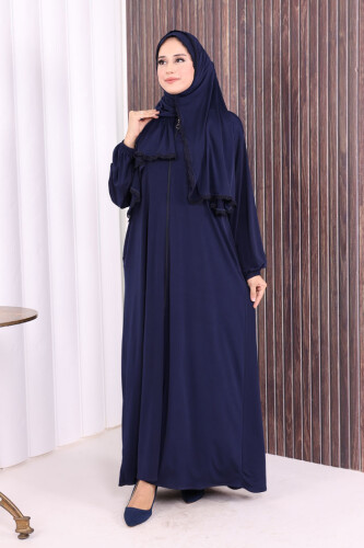 Dantel Detay Şallı Namaz Feracesi 6010 Lacivert - 2