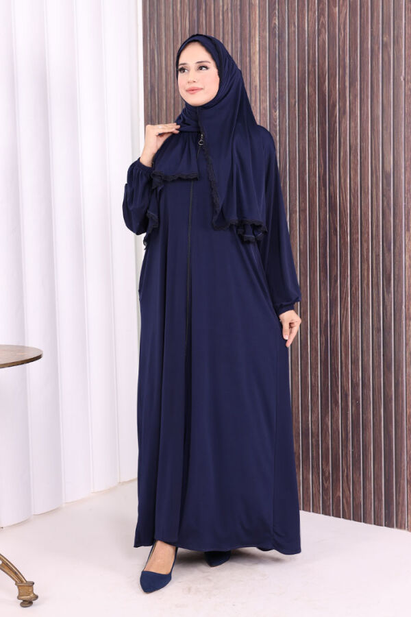 Dantel Detay Şallı Namaz Feracesi 6010 Lacivert - 2