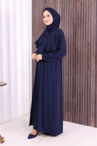 Dantel Detay Şallı Namaz Feracesi 6010 Lacivert - 3