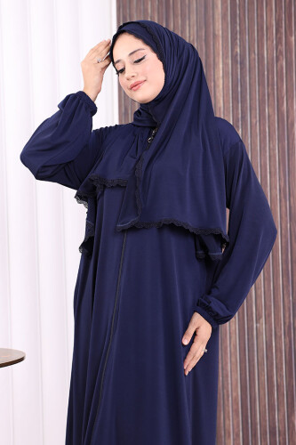 Dantel Detay Şallı Namaz Feracesi 6010 Lacivert - 5