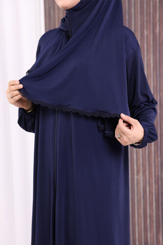 Dantel Detay Şallı Namaz Feracesi 6010 Lacivert - 6