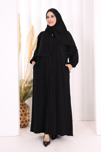 Dantel Detay Şallı Namaz Feracesi 6010 Siyah