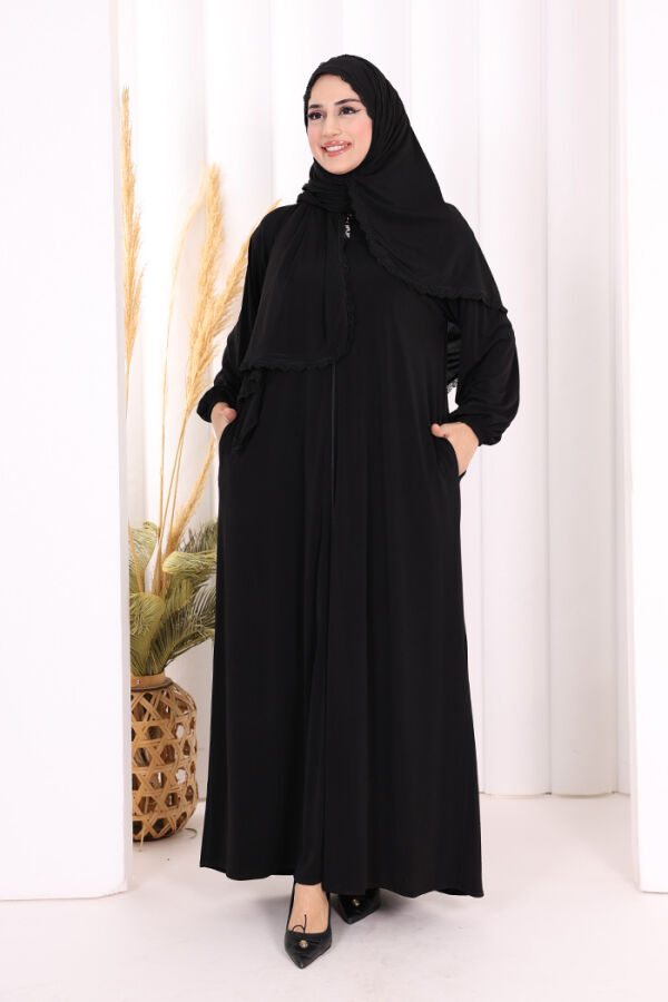 Dantel Detay Şallı Namaz Feracesi 6010 Siyah - 1