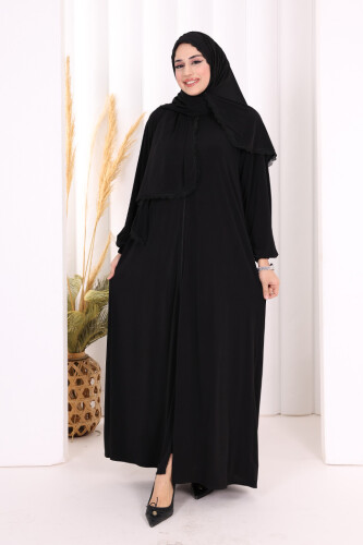 Dantel Detay Şallı Namaz Feracesi 6010 Siyah - 2