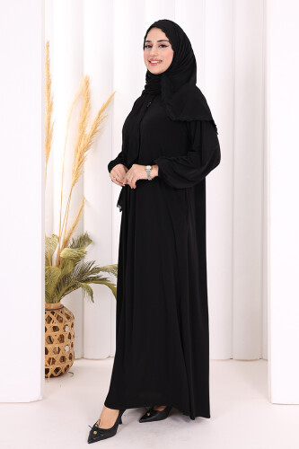 Dantel Detay Şallı Namaz Feracesi 6010 Siyah - 3