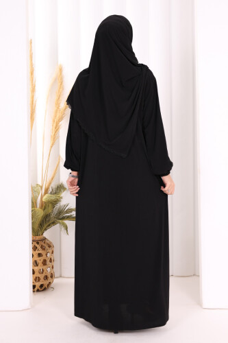 Dantel Detay Şallı Namaz Feracesi 6010 Siyah - 4