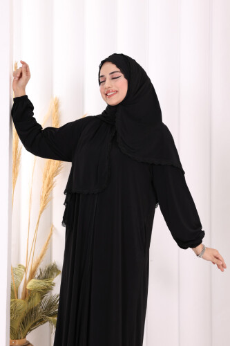 Dantel Detay Şallı Namaz Feracesi 6010 Siyah - 5