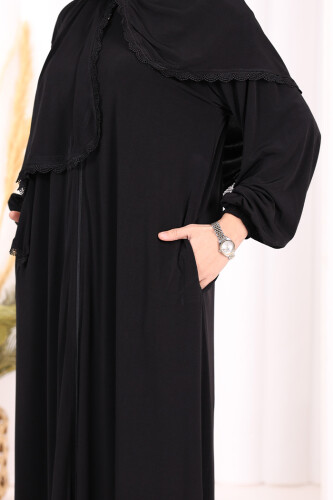 Dantel Detay Şallı Namaz Feracesi 6010 Siyah - 6