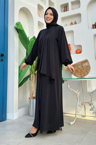 Dantel Detay Şallı Namaz Feracesi 6010 Siyah - 5