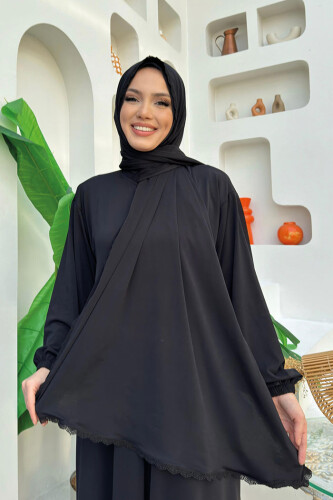 Dantel Detay Şallı Namaz Feracesi 6010 Siyah - 9