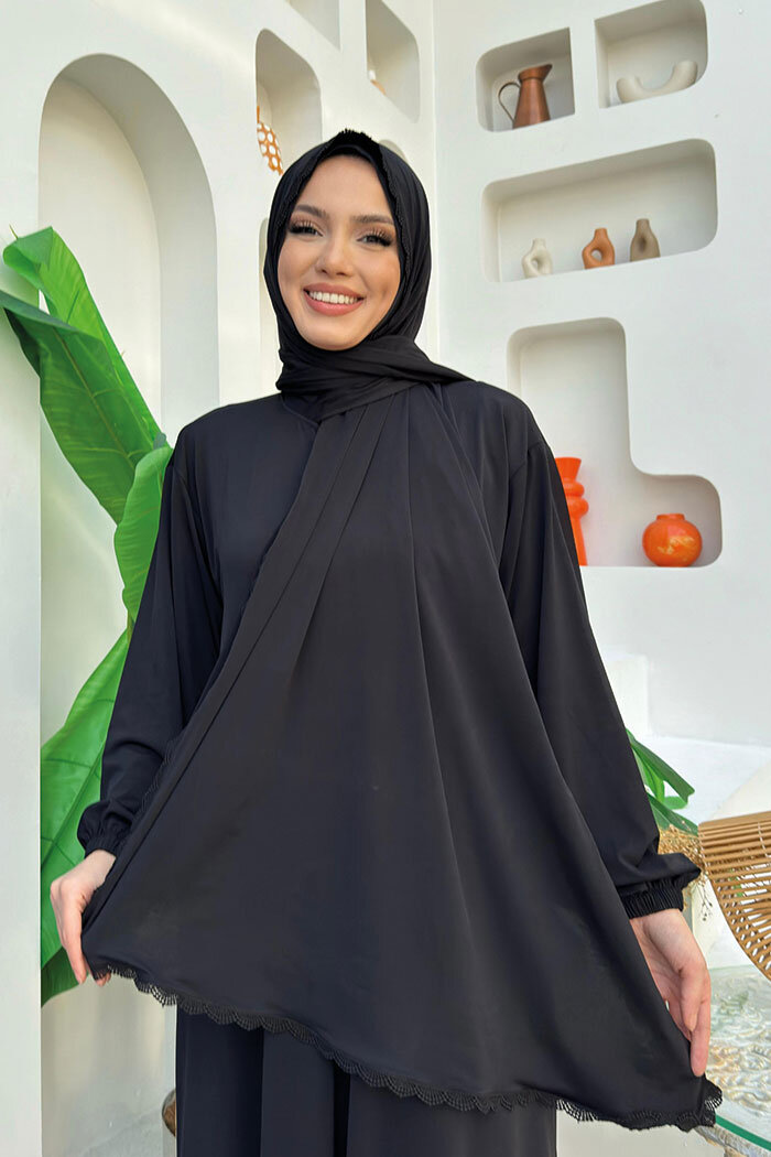 Dantel Detay Şallı Namaz Feracesi 6010 Siyah - 9