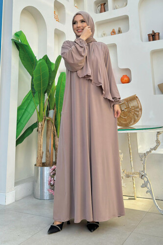 Dantel Detay Şallı Namaz Feracesi 6010 Vizon - Bym Fashion