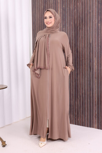 Dantel Detay Şallı Namaz Feracesi 6010 Vizon - Bym Fashion