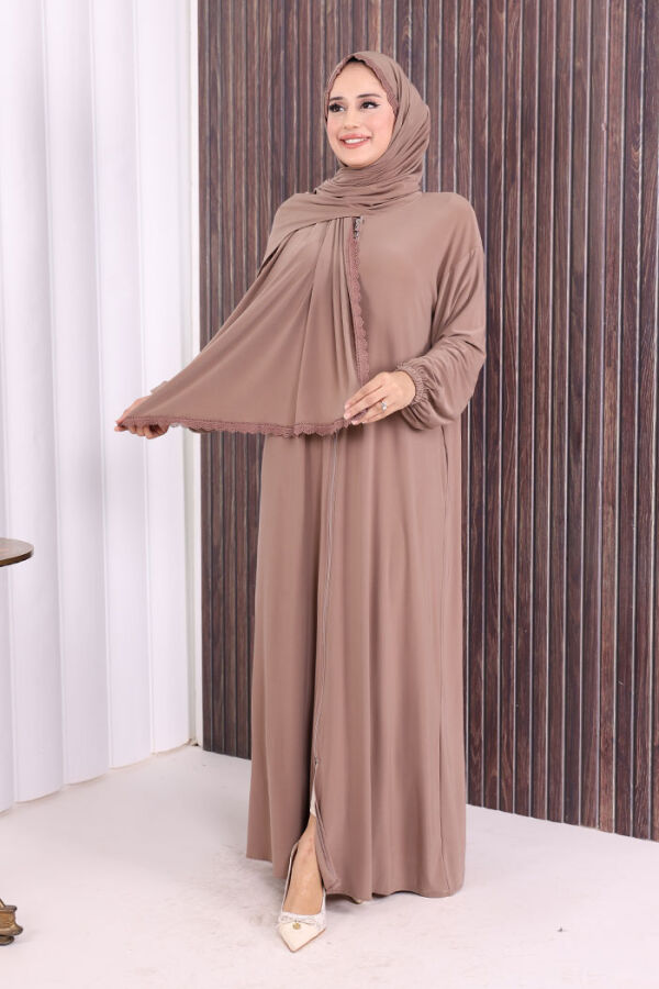 Dantel Detay Şallı Namaz Feracesi 6010 Vizon - 2