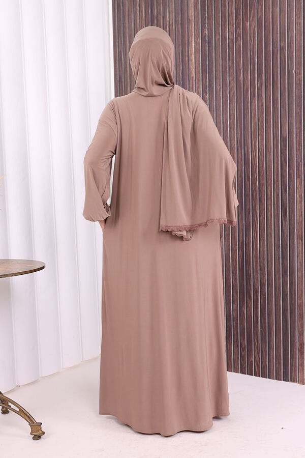 Dantel Detay Şallı Namaz Feracesi 6010 Vizon - 4