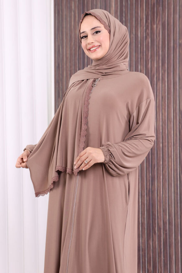 Dantel Detay Şallı Namaz Feracesi 6010 Vizon - 5