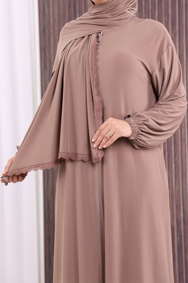 Dantel Detay Şallı Namaz Feracesi 6010 Vizon - 6