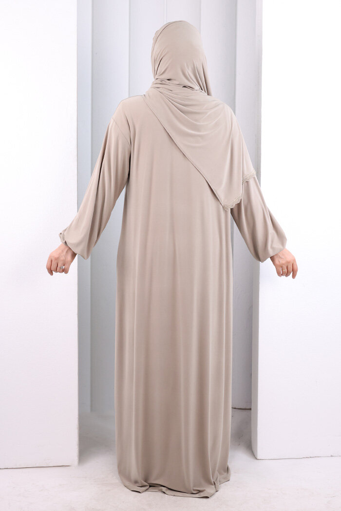 Dantel Detay Şallı Namaz Feracesi 6010 Vizon - 3