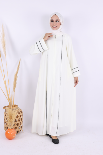 Çizgi Detaylı Boydan Fermuarlı Tam Boy Ferace 6011 Ekru - Bym Fashion