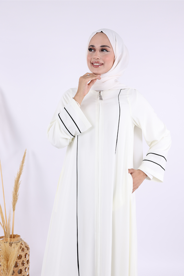 Çizgi Detaylı Boydan Fermuarlı Tam Boy Ferace 6011 Ekru - 5