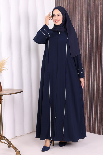 Çizgi Detaylı Boydan Fermuarlı Tam Boy Ferace 6011 Lacivert 