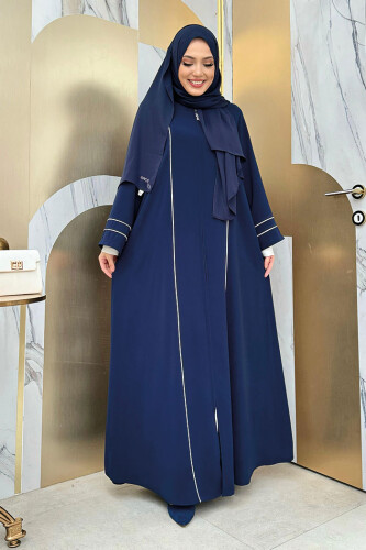 Çizgi Detaylı Boydan Fermuarlı Tam Boy Ferace 6011 Lacivert - Bym Fashion