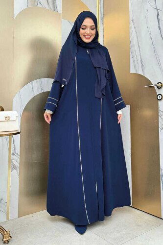 Çizgi Detaylı Boydan Fermuarlı Tam Boy Ferace 6011 Lacivert - bym fashion